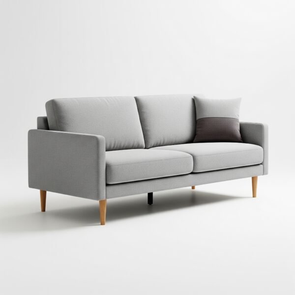 sofá gris con base de madera